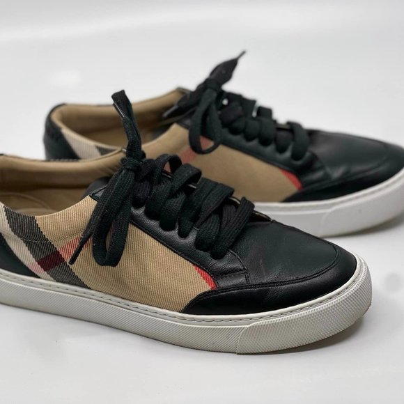Salmond Check Leather Low-Top Burberry Sneakers - Picture 1 of 8